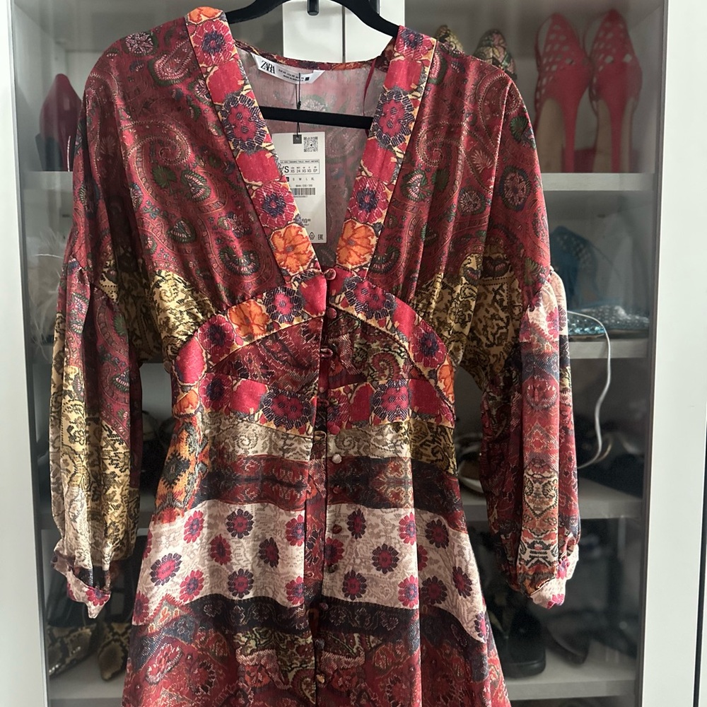 ZARA PATCHWORK PRINT BALLOON SLEEVES MIDI DRESS size XS Bohemian Maxi Dress - Picture 3 of 10